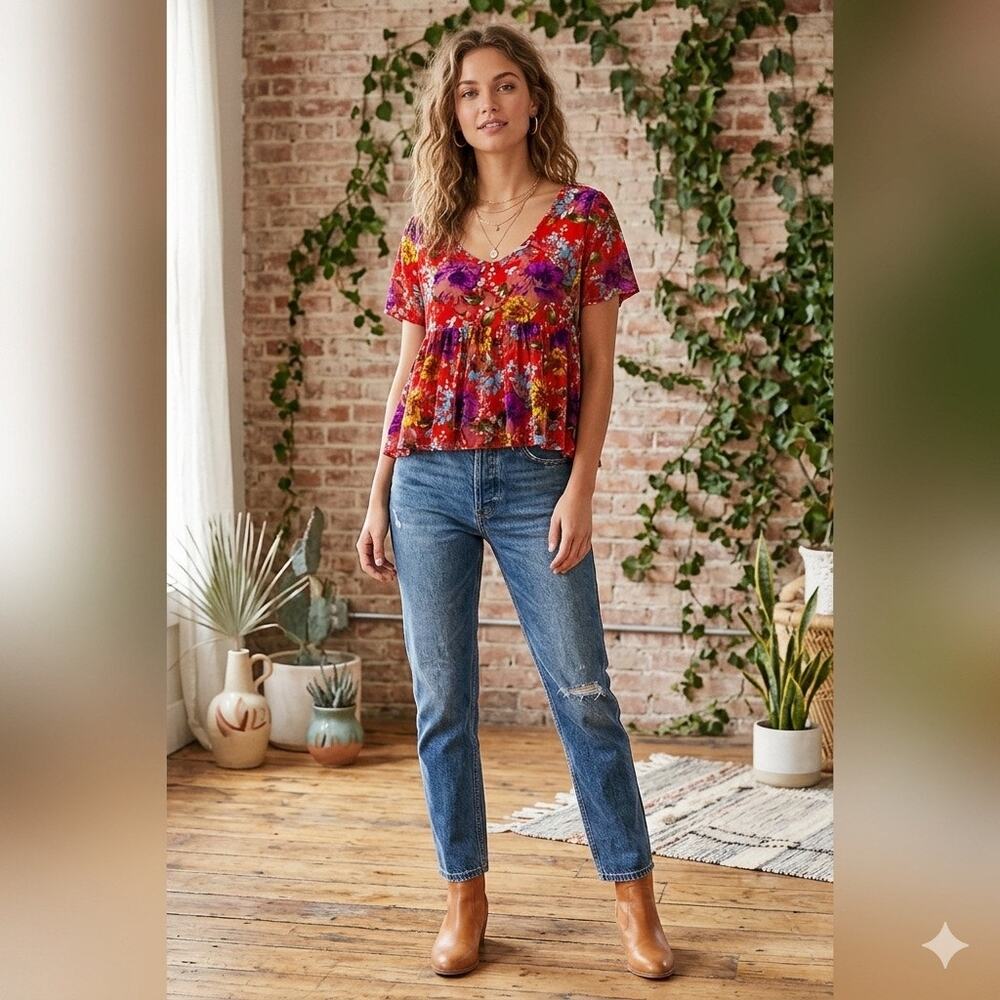 Urban Outfitters Kimchi Blue Red Floral Burnout Velvet Mesh Babydoll Top Medium